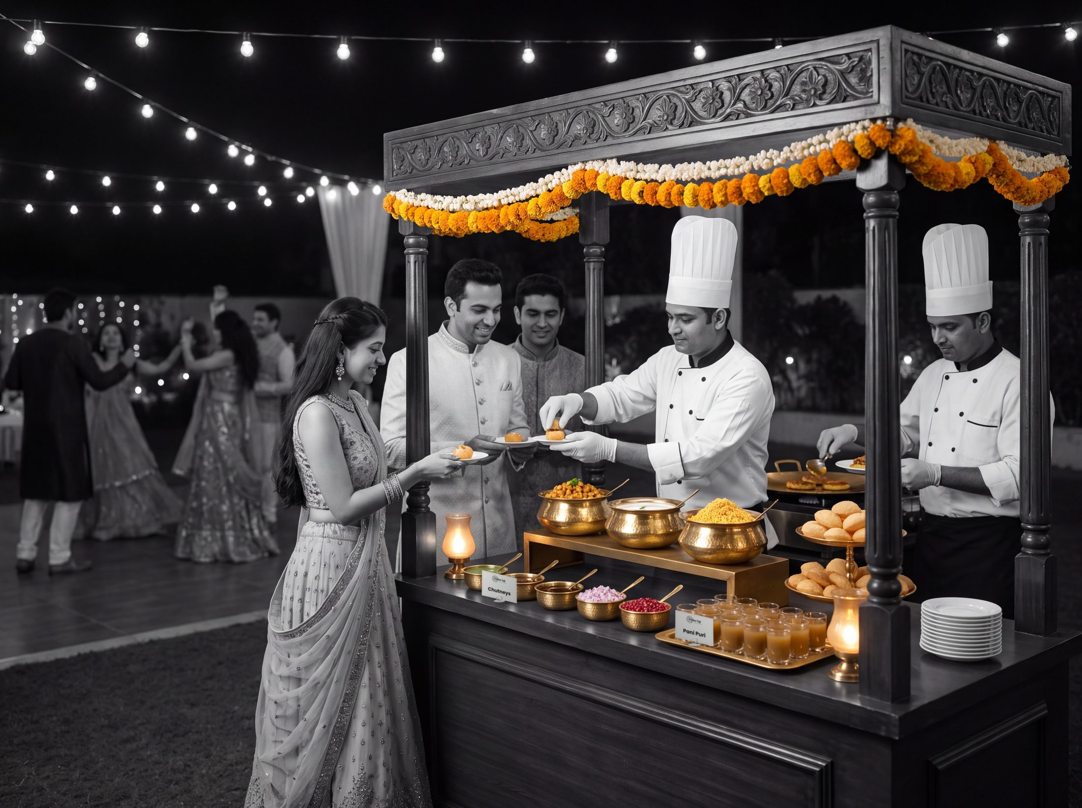 Chefs in white hats serving pani puri at a live chaat counter, guests in black and white
