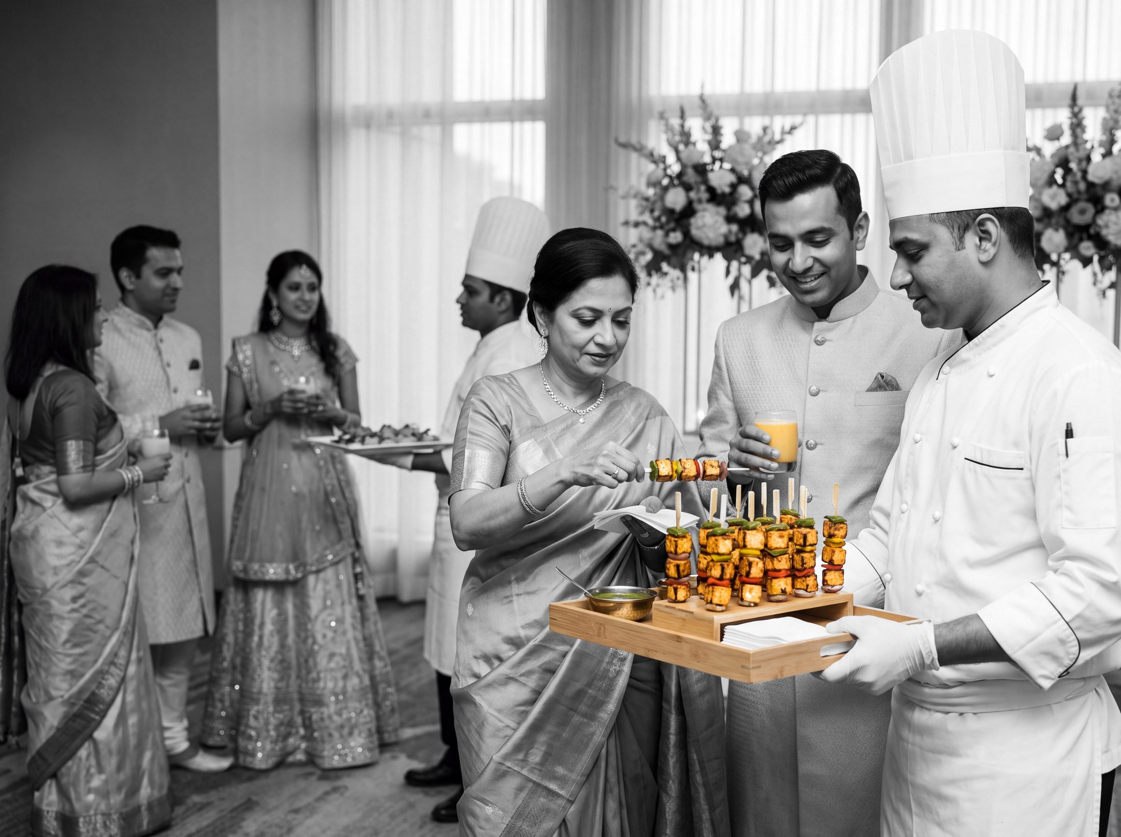 Chef in a white hat passing paneer tikka skewers standing upright in a bamboo holder at a wedding cocktail hour, guests in black and white