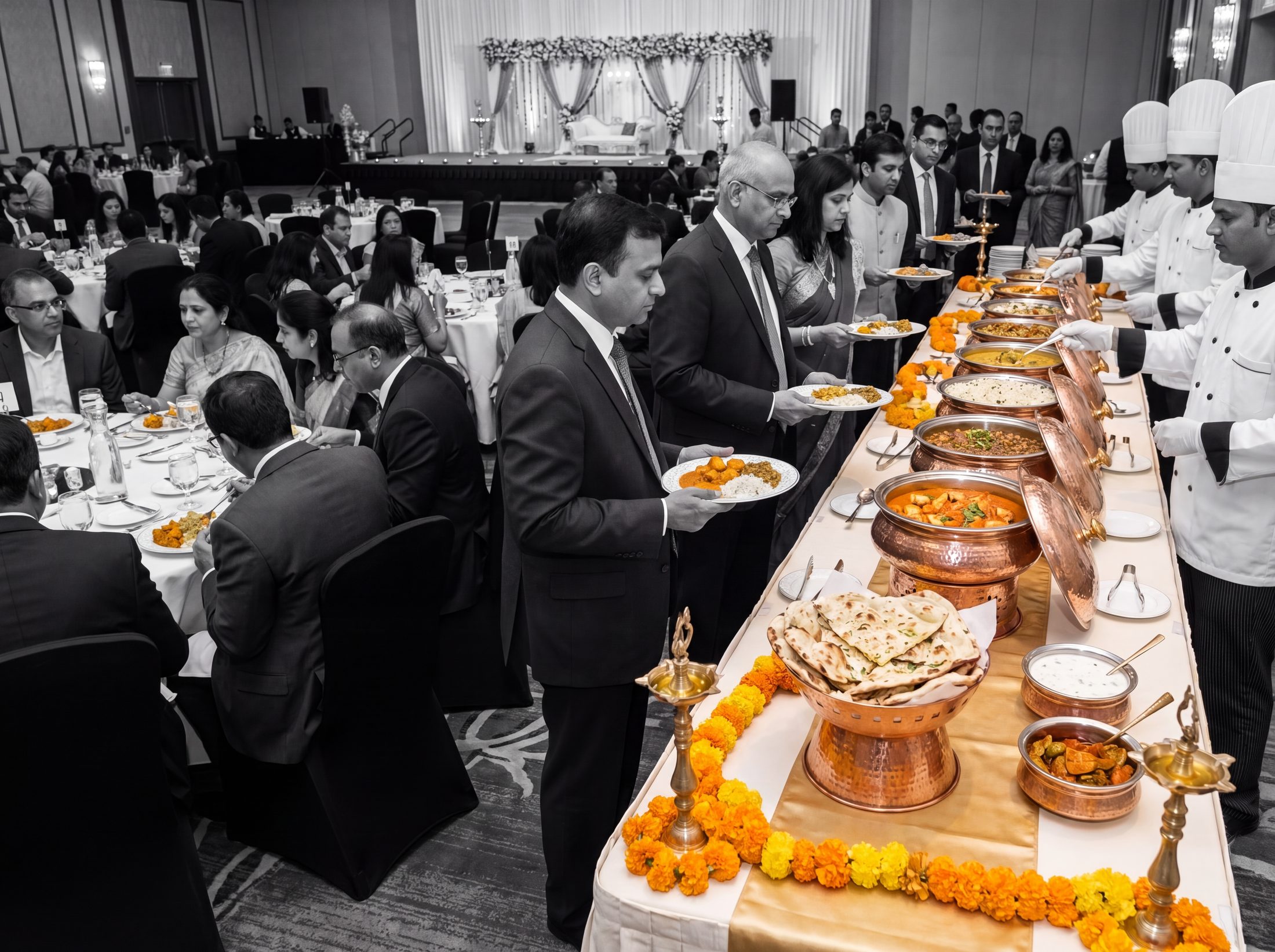 Chefs in white hats serving a copper-chafer buffet at a corporate Diwali celebration, guests and hall in black and white