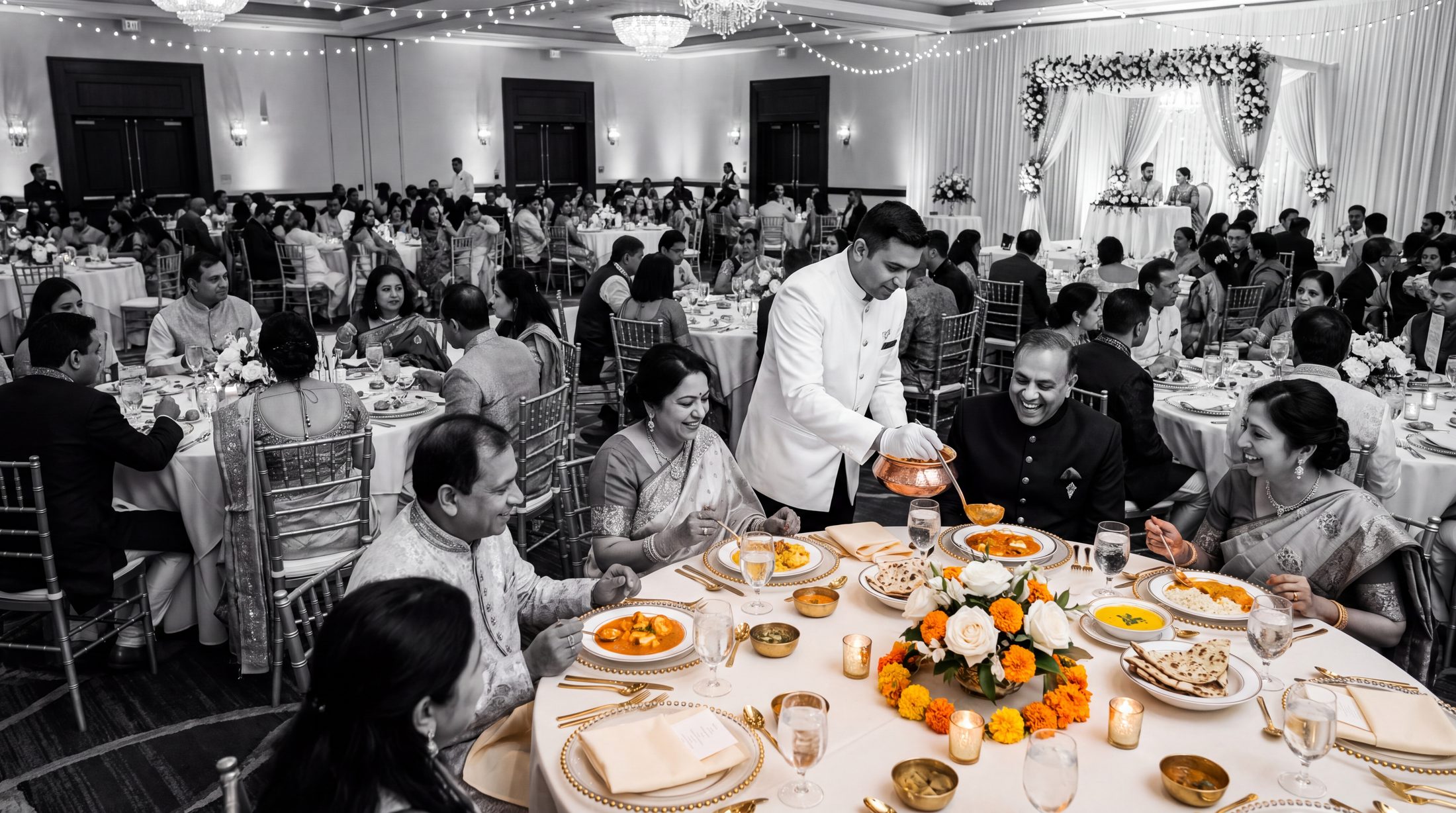 Guests seated and dining at a Bombay Talk wedding reception, a server pouring curry from a copper handi, with the hall and mandap in black and white