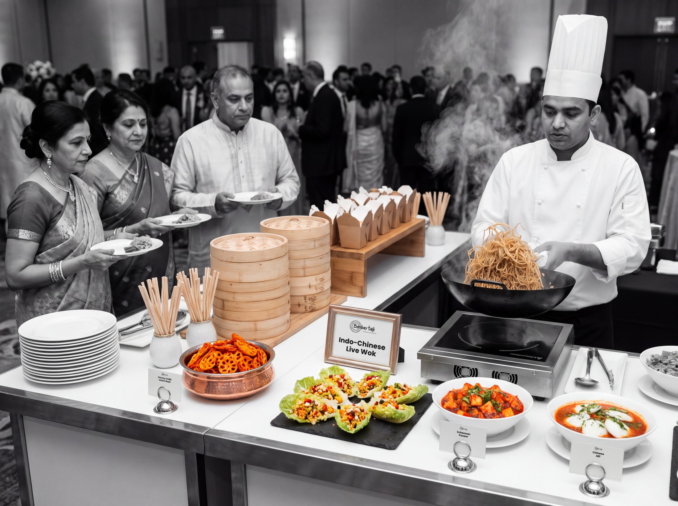 Chef in a tall white hat tossing Hakka noodles in a wok at an Indo-Chinese live station, guests in black and white
