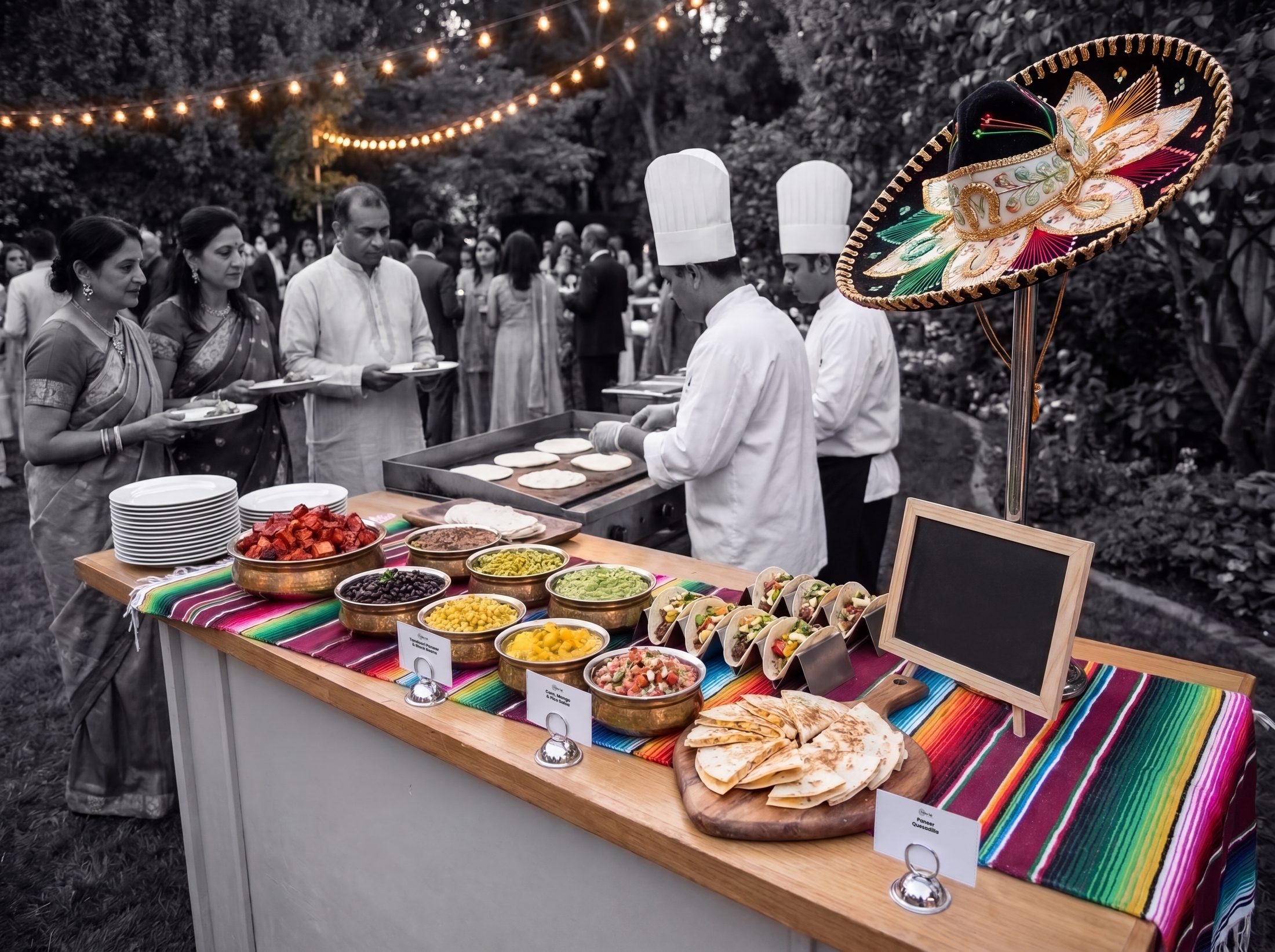 Chefs in white hats warming tortillas at an Indo-Mexican taco bar at a garden sangeet, guests in black and white