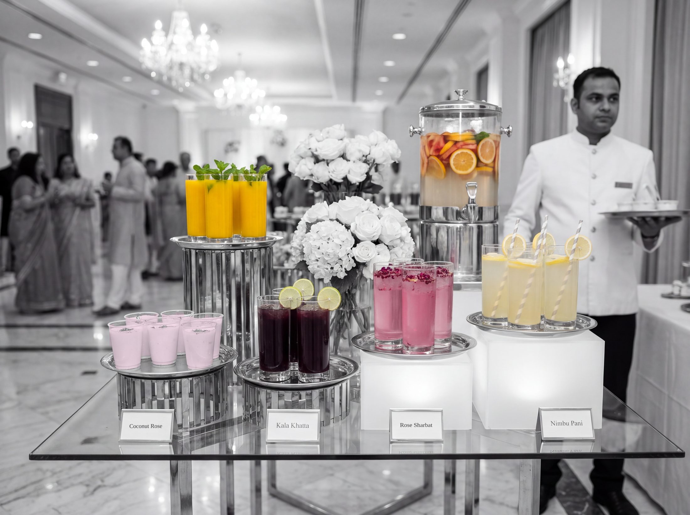 Mango panna, kala khatta, rose sharbat and nimbu pani on chrome risers at a wedding welcome drinks station, in black and white