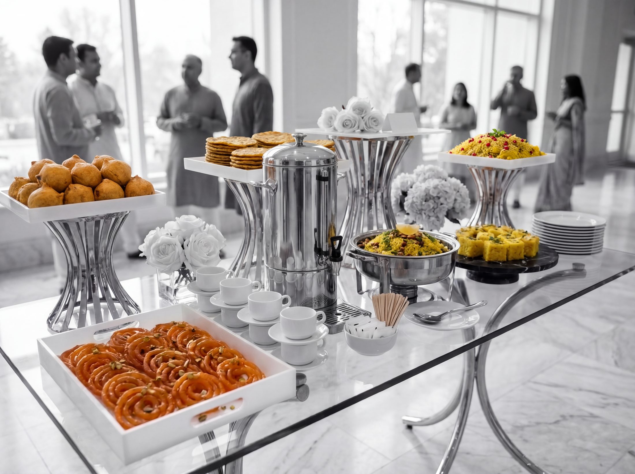 Jalebi, poha, khaman dhokla and a hot chai urn with cups on a glass brunch table in a sunlit room, in black and white