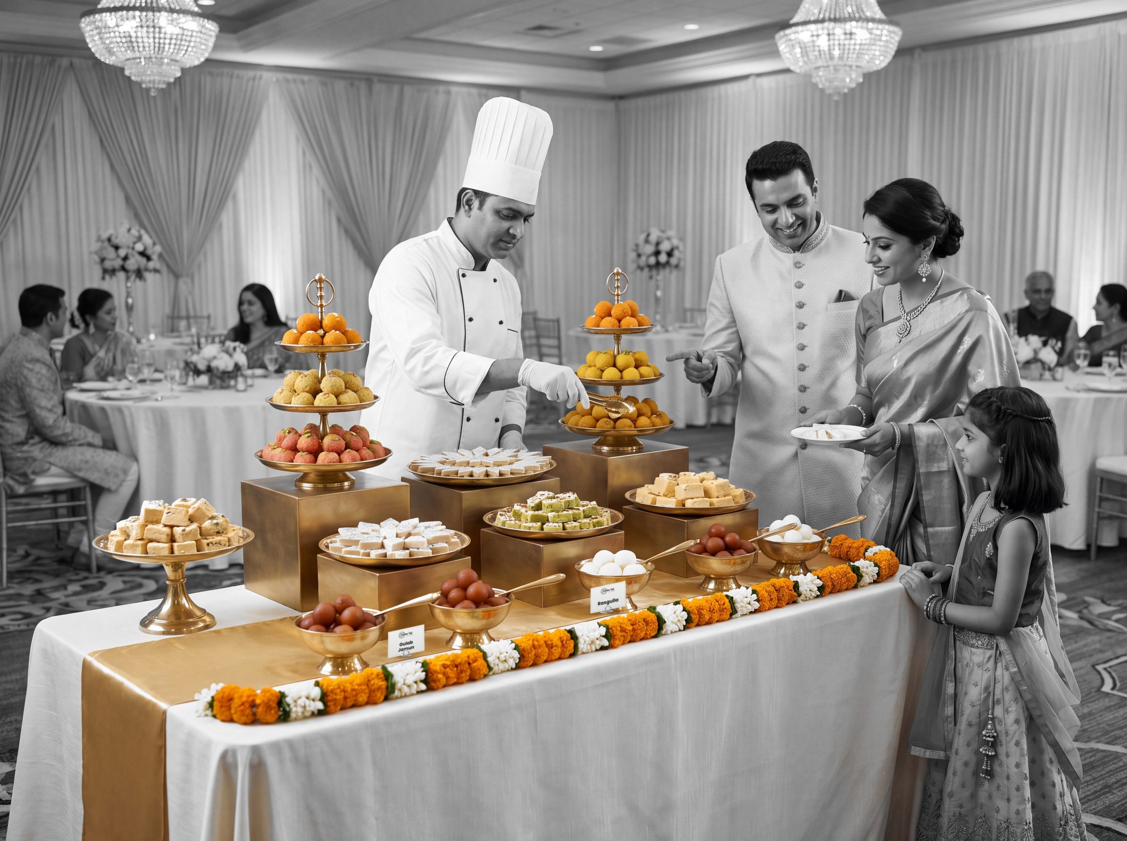 Tiered wedding dessert station with mithai and fresh jalebi, guests in black and white