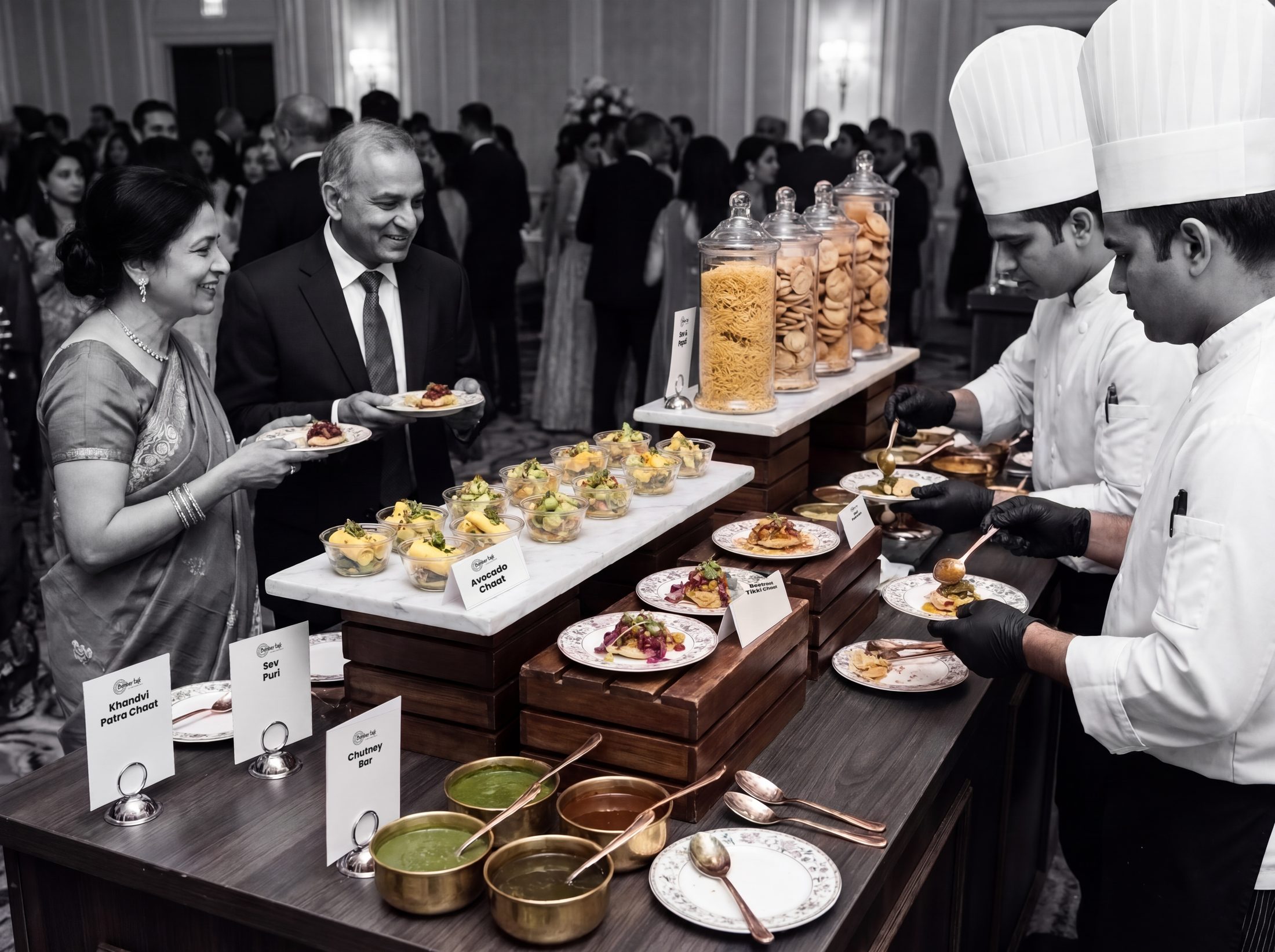 Gloved chefs plating modern chaat on marble and wood risers at a reception, guests in black and white