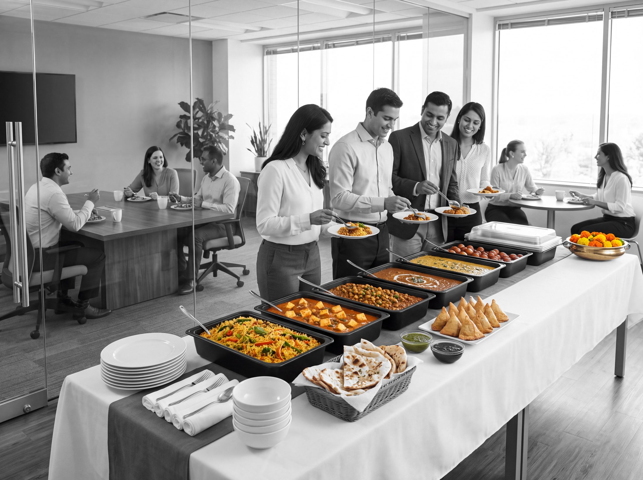 Colleagues serving themselves from Bombay Talk party trays at a catered office lunch, office in black and white
