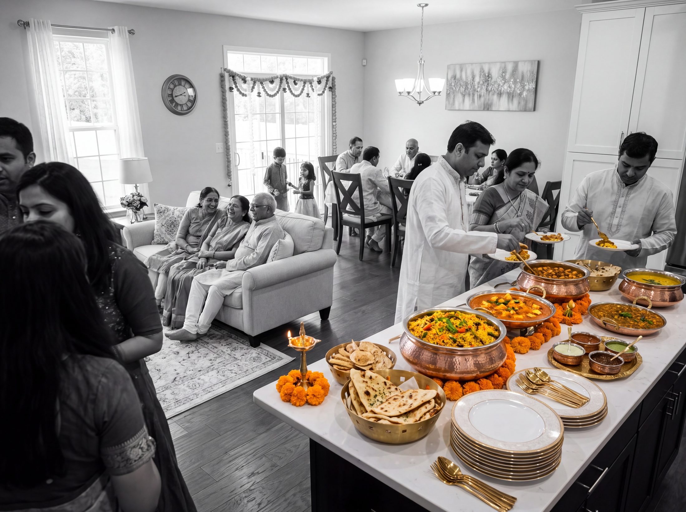 Catered party spread in copper and brass dishes on a kitchen island at a black-and-white family celebration