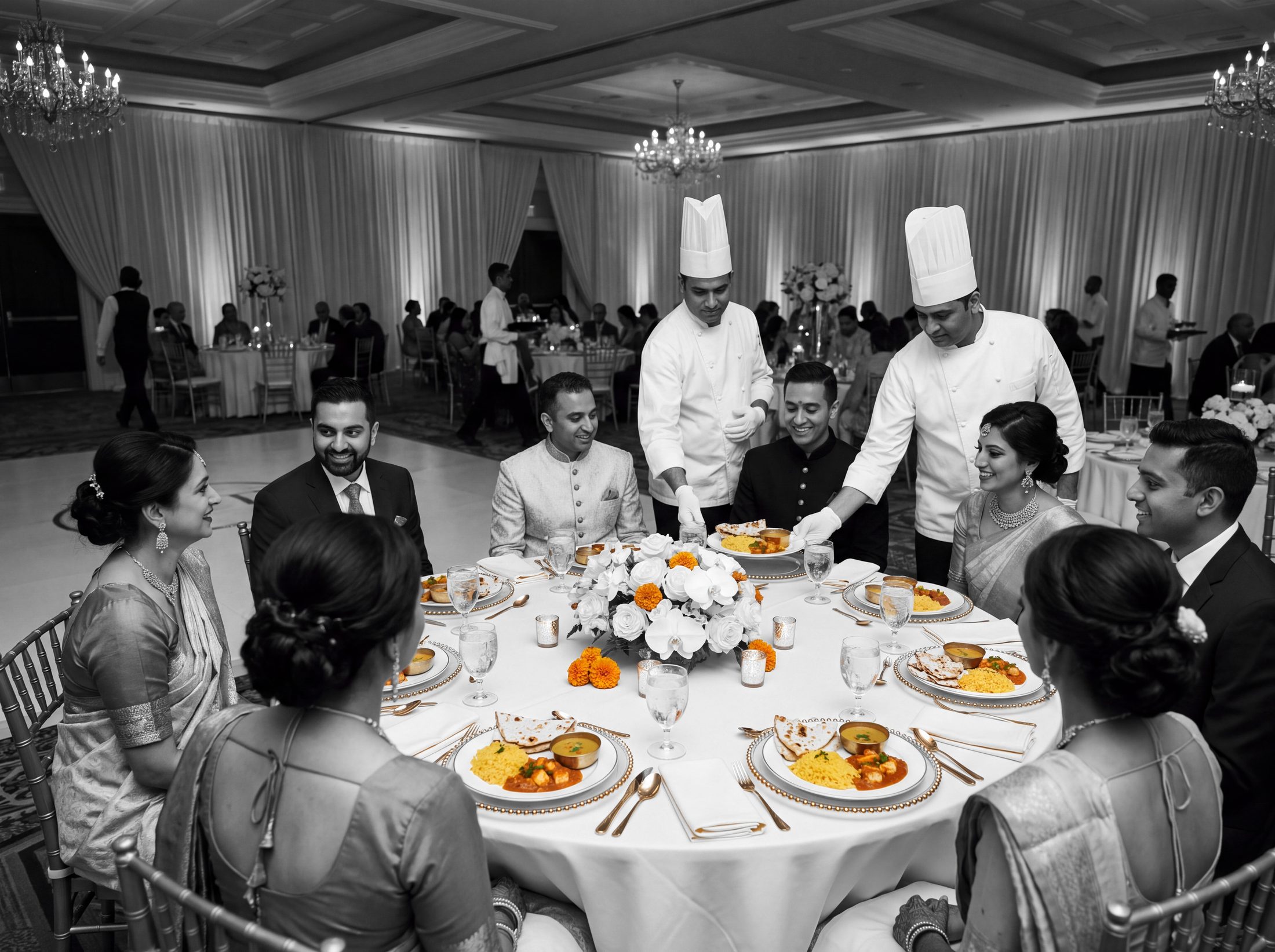 Chefs in white hats serving plated dinner to seated guests at a wedding reception table, ballroom in black and white