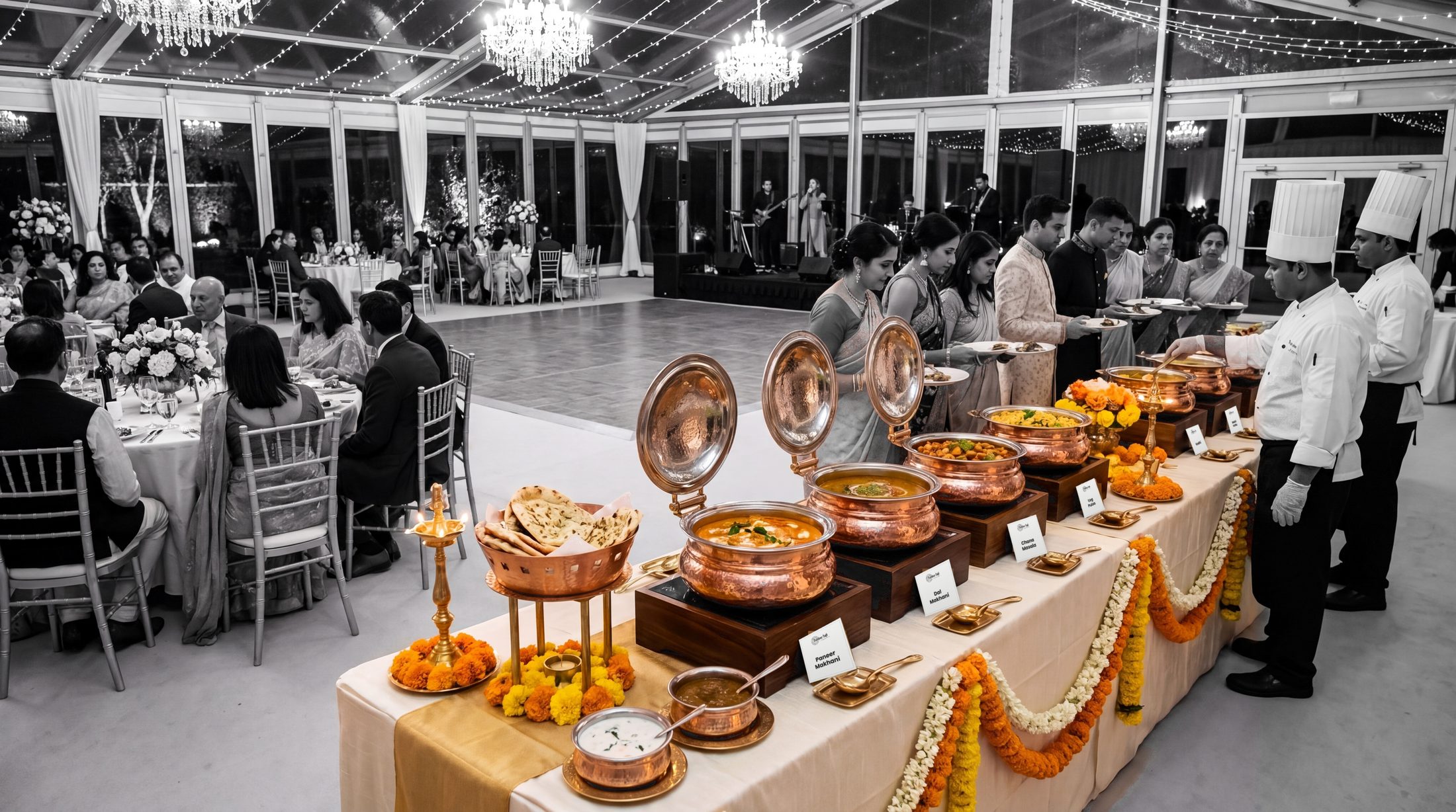 Chefs in white hats serving a copper wedding buffet in a glass garden marquee, guests in black and white